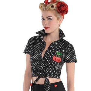 Black White Polka Dot Cherry Blouse One Size Fits Most Shirt